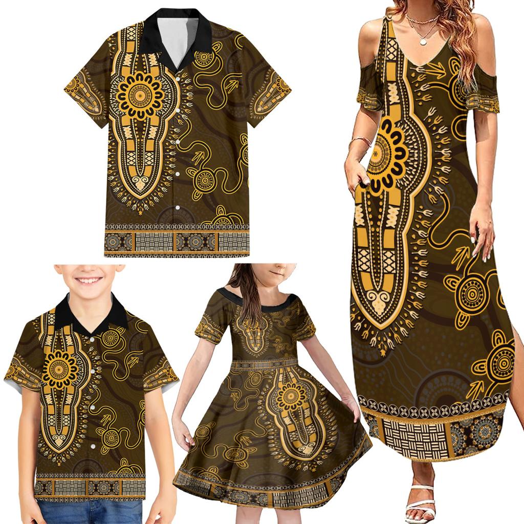 Gold African Dashiki With Australia Aboriginal Art Family Matching Summer Maxi Dress and Hawaiian Shirt