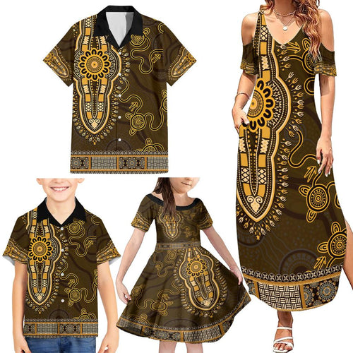 Gold African Dashiki With Australia Aboriginal Art Family Matching Summer Maxi Dress and Hawaiian Shirt