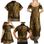 Gold African Dashiki With Australia Aboriginal Art Family Matching Summer Maxi Dress and Hawaiian Shirt