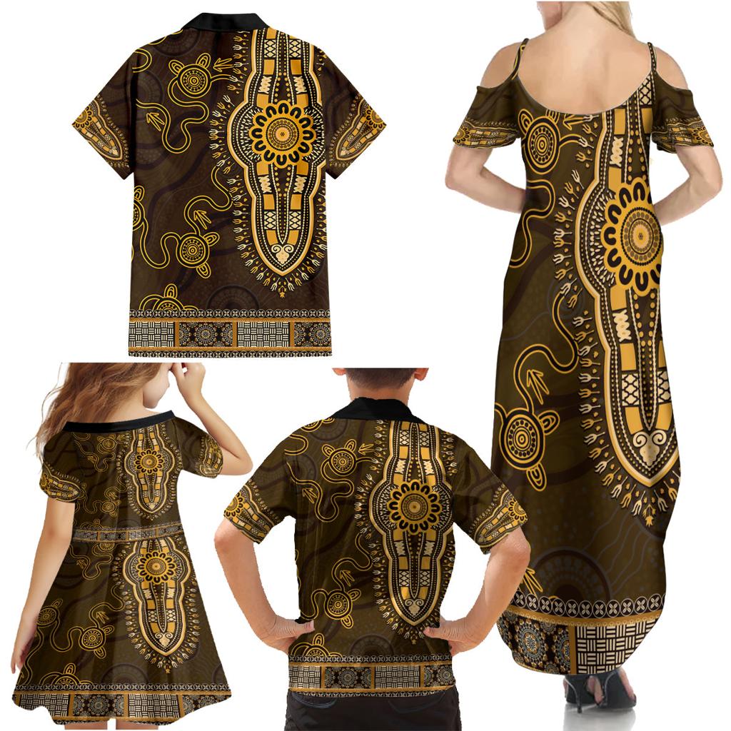 Gold African Dashiki With Australia Aboriginal Art Family Matching Summer Maxi Dress and Hawaiian Shirt
