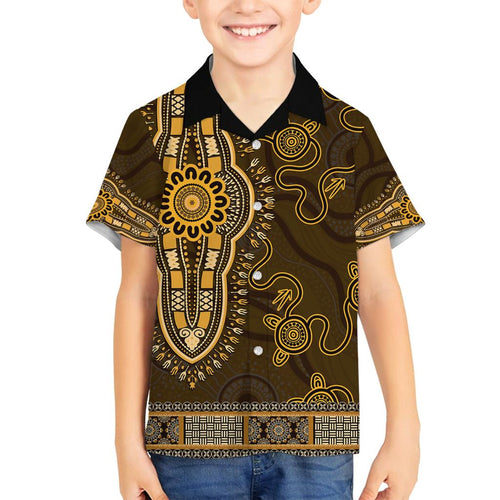 Gold African Dashiki With Australia Aboriginal Art Family Matching Summer Maxi Dress and Hawaiian Shirt