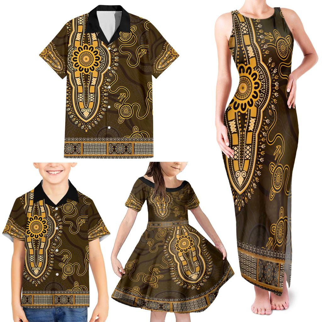 Gold African Dashiki With Australia Aboriginal Art Family Matching Tank Maxi Dress and Hawaiian Shirt