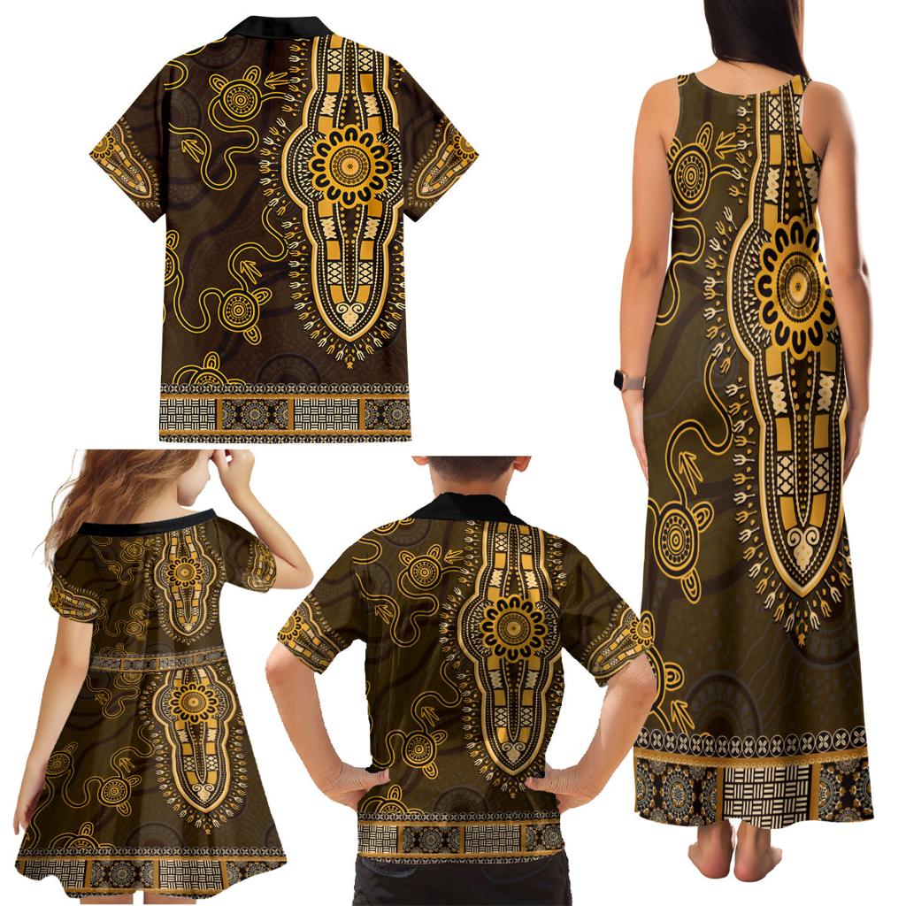 Gold African Dashiki With Australia Aboriginal Art Family Matching Tank Maxi Dress and Hawaiian Shirt
