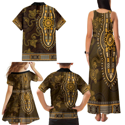 Gold African Dashiki With Australia Aboriginal Art Family Matching Tank Maxi Dress and Hawaiian Shirt