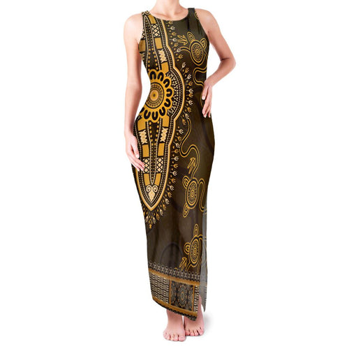 Gold African Dashiki With Australia Aboriginal Art Family Matching Tank Maxi Dress and Hawaiian Shirt