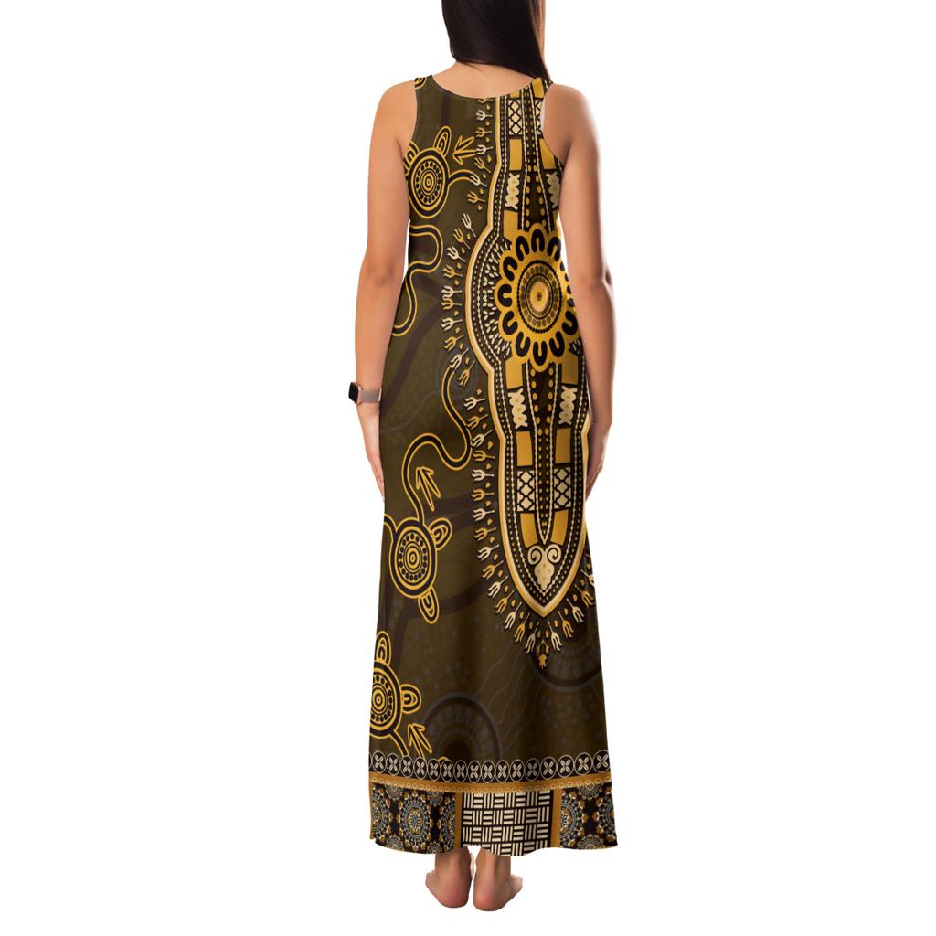 Gold African Dashiki With Australia Aboriginal Art Family Matching Tank Maxi Dress and Hawaiian Shirt