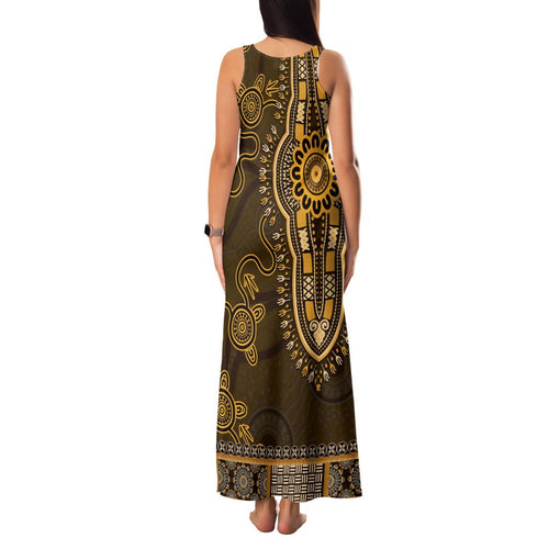 Gold African Dashiki With Australia Aboriginal Art Family Matching Tank Maxi Dress and Hawaiian Shirt