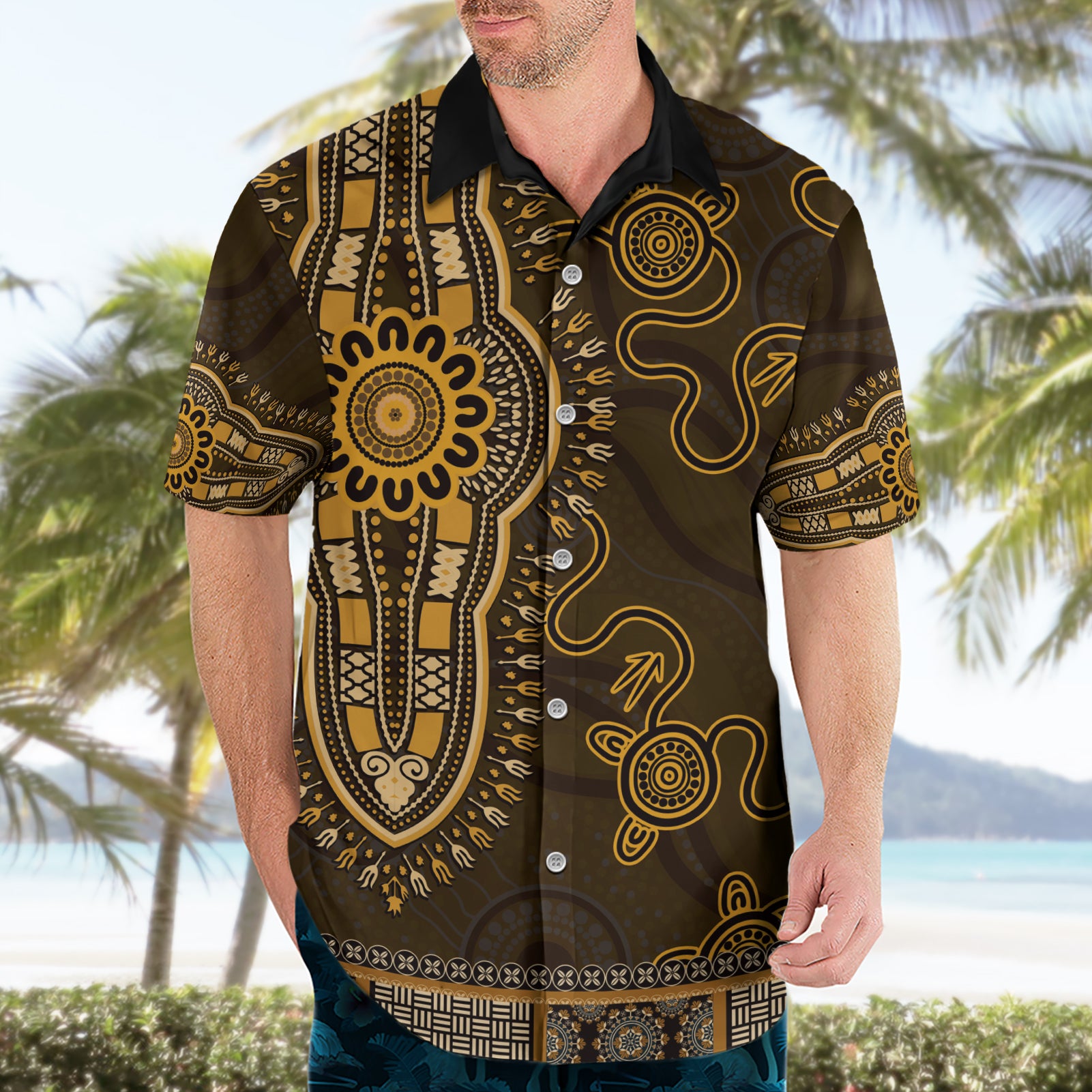 Gold African Dashiki With Australia Aboriginal Art Hawaiian Shirt