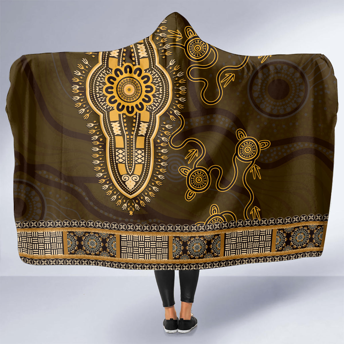 Gold African Dashiki With Australia Aboriginal Art Hooded Blanket