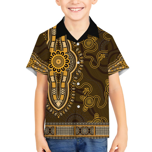 Gold African Dashiki With Australia Aboriginal Art Kid Hawaiian Shirt