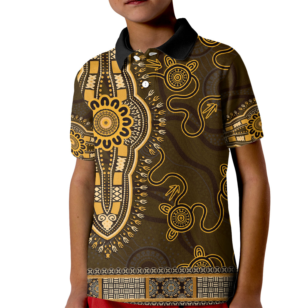Gold African Dashiki With Australia Aboriginal Art Kid Polo Shirt
