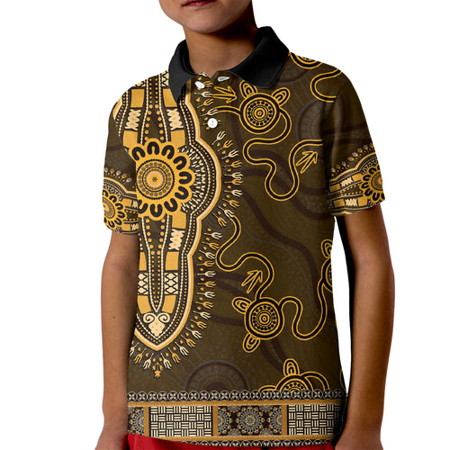 Gold African Dashiki With Australia Aboriginal Art Kid Polo Shirt