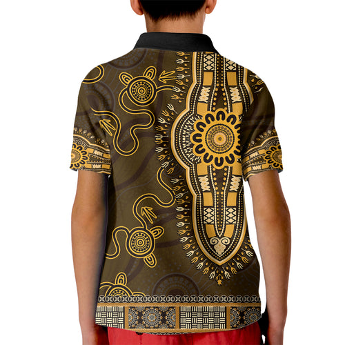Gold African Dashiki With Australia Aboriginal Art Kid Polo Shirt