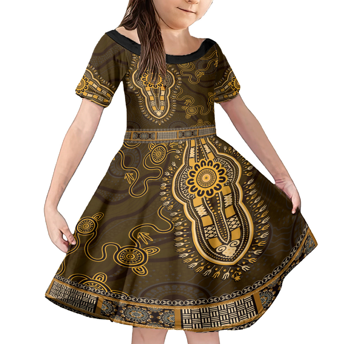 Gold African Dashiki With Australia Aboriginal Art Kid Short Sleeve Dress