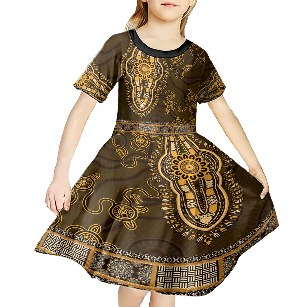 Gold African Dashiki With Australia Aboriginal Art Kid Short Sleeve Dress