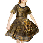 Gold African Dashiki With Australia Aboriginal Art Kid Short Sleeve Dress