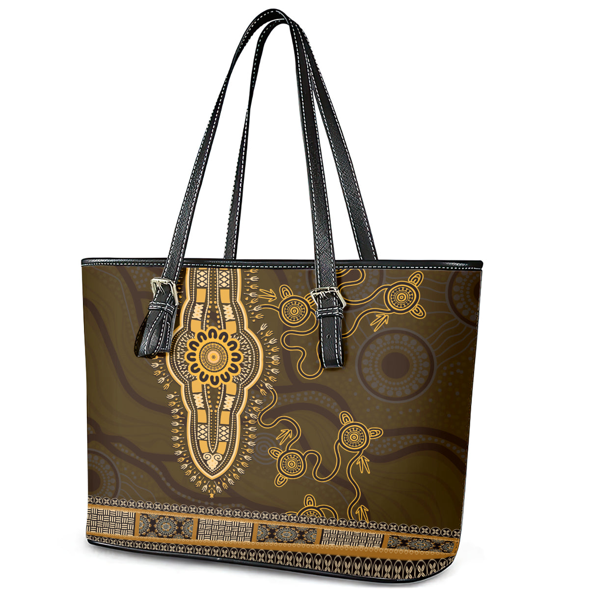 Gold African Dashiki With Australia Aboriginal Art Leather Tote Bag