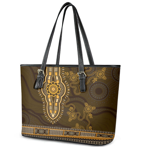 Gold African Dashiki With Australia Aboriginal Art Leather Tote Bag