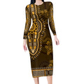 Gold African Dashiki With Australia Aboriginal Art Long Sleeve Bodycon Dress