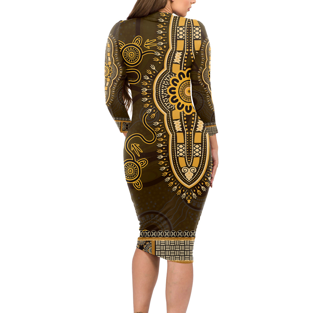 Gold African Dashiki With Australia Aboriginal Art Long Sleeve Bodycon Dress