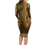 Gold African Dashiki With Australia Aboriginal Art Long Sleeve Bodycon Dress