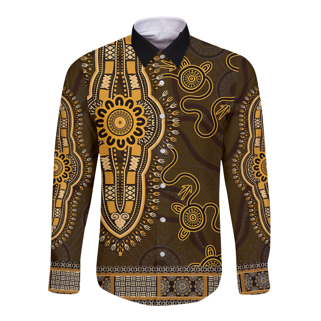 Gold African Dashiki With Australia Aboriginal Art Long Sleeve Button Shirt
