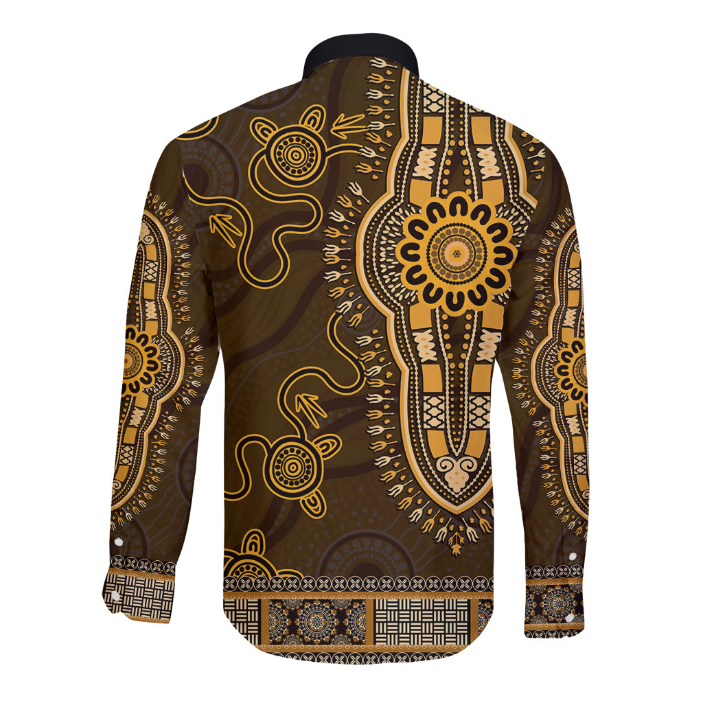 Gold African Dashiki With Australia Aboriginal Art Long Sleeve Button Shirt