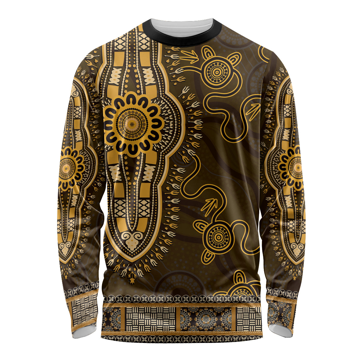 Gold African Dashiki With Australia Aboriginal Art Long Sleeve Shirt