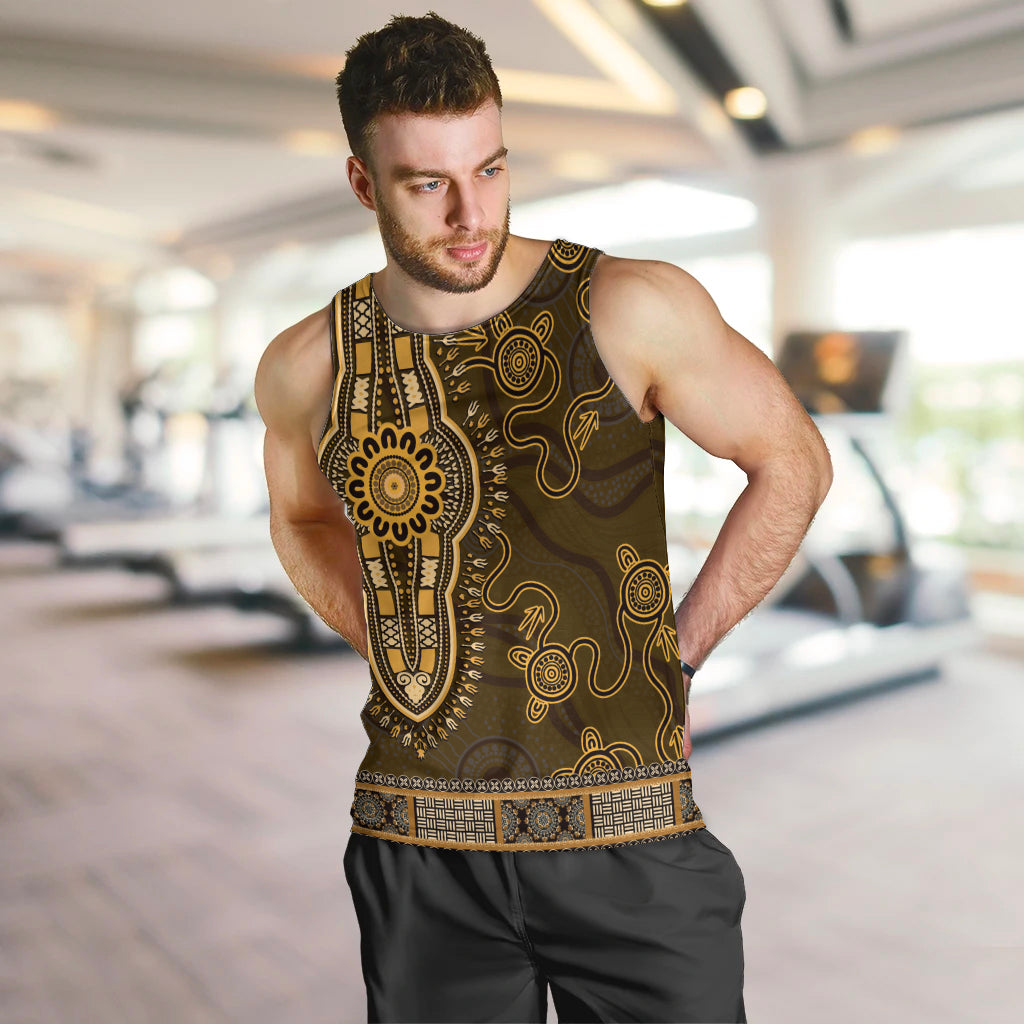Gold African Dashiki With Australia Aboriginal Art Men Tank Top