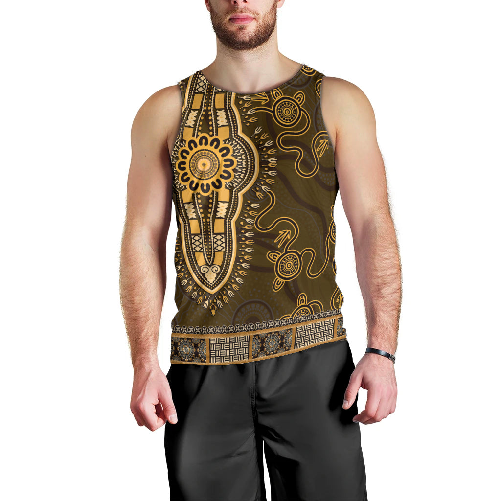 Gold African Dashiki With Australia Aboriginal Art Men Tank Top