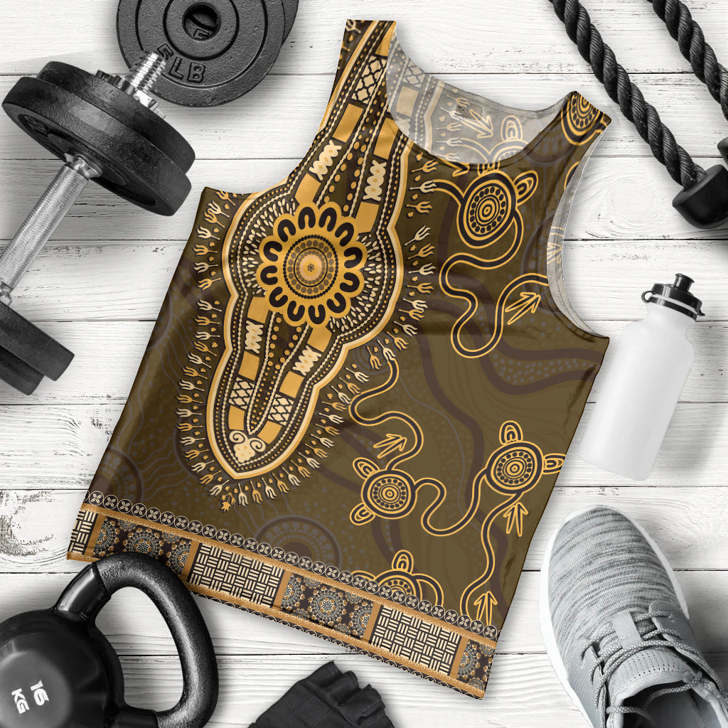 Gold African Dashiki With Australia Aboriginal Art Men Tank Top