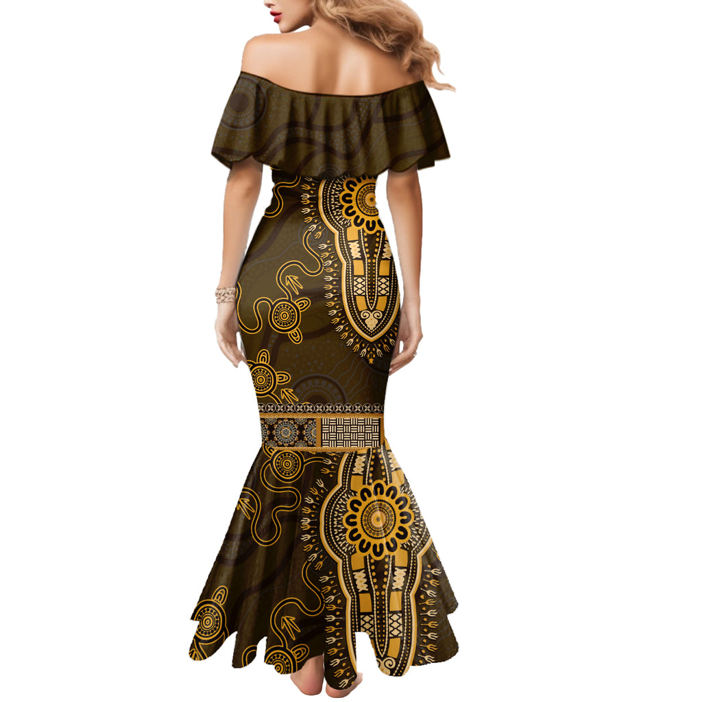 Gold African Dashiki With Australia Aboriginal Art Mermaid Dress