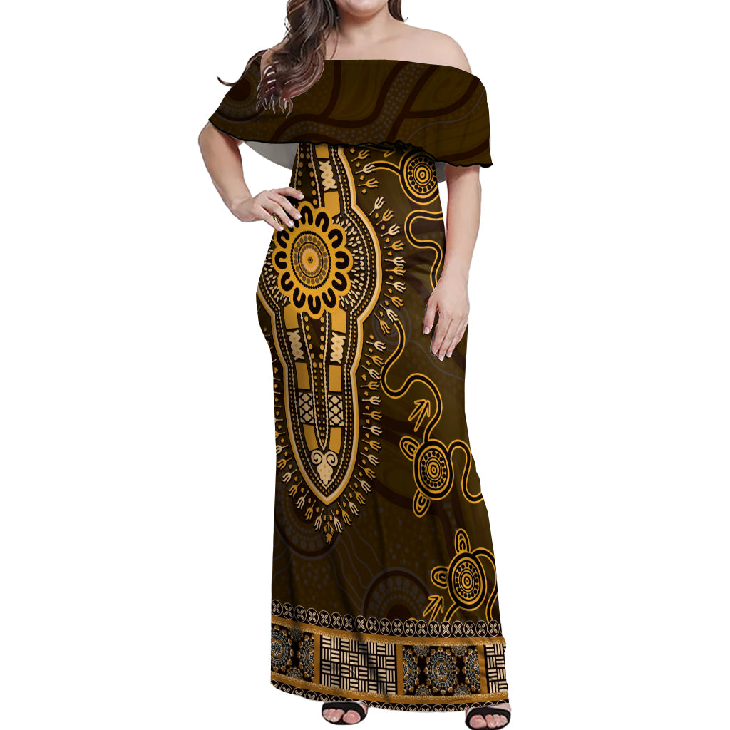 Gold African Dashiki With Australia Aboriginal Art Off Shoulder Maxi Dress