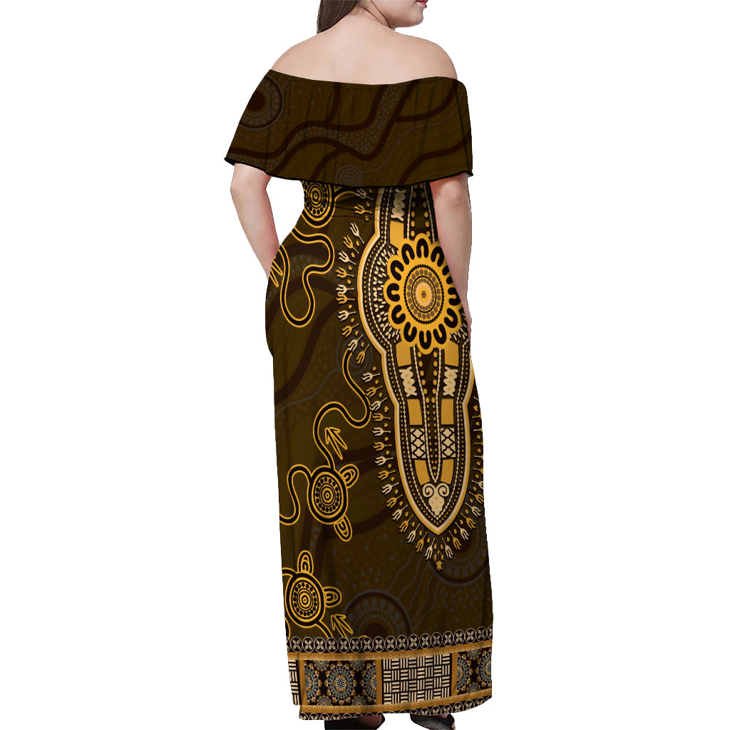 Gold African Dashiki With Australia Aboriginal Art Off Shoulder Maxi Dress