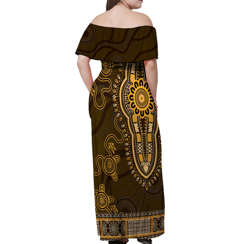 Gold African Dashiki With Australia Aboriginal Art Off Shoulder Maxi Dress