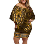 Gold African Dashiki With Australia Aboriginal Art Off Shoulder Short Dress