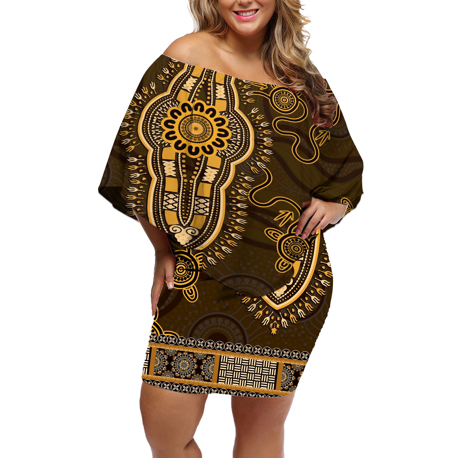 Gold African Dashiki With Australia Aboriginal Art Off Shoulder Short Dress