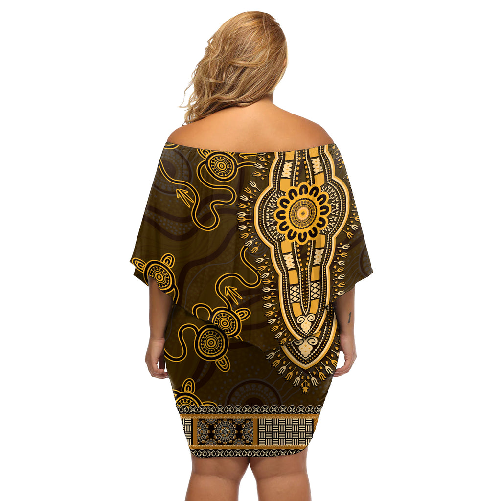 Gold African Dashiki With Australia Aboriginal Art Off Shoulder Short Dress