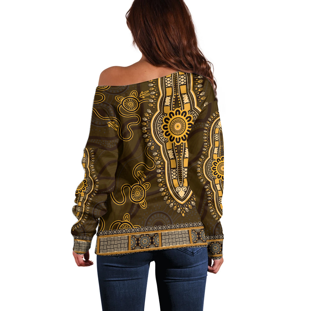 Gold African Dashiki With Australia Aboriginal Art Off Shoulder Sweater