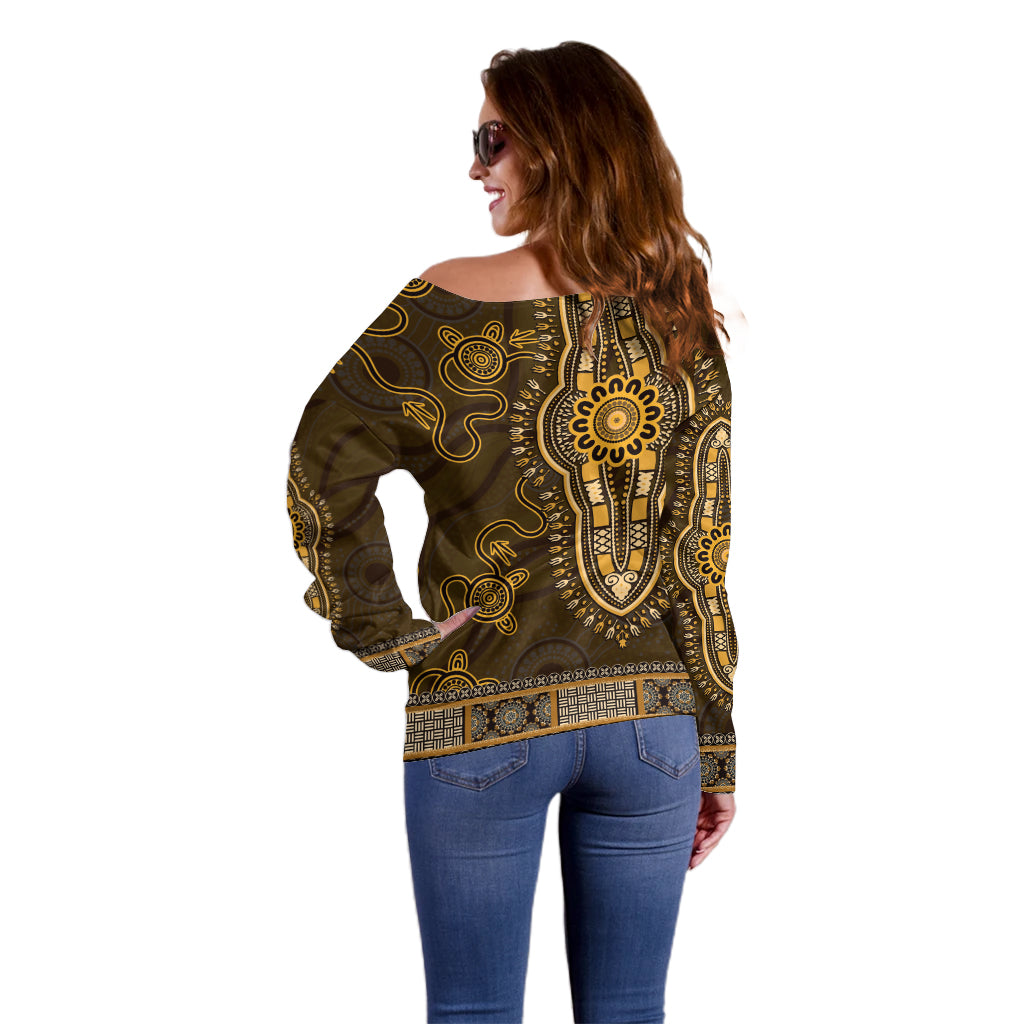 Gold African Dashiki With Australia Aboriginal Art Off Shoulder Sweater
