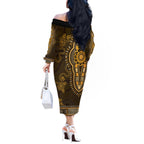Gold African Dashiki With Australia Aboriginal Art Off The Shoulder Long Sleeve Dress