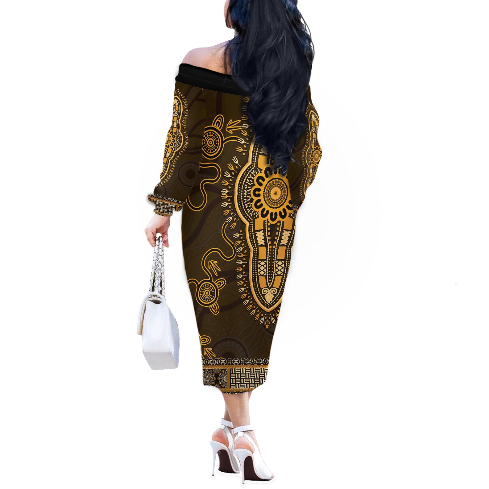 Gold African Dashiki With Australia Aboriginal Art Off The Shoulder Long Sleeve Dress