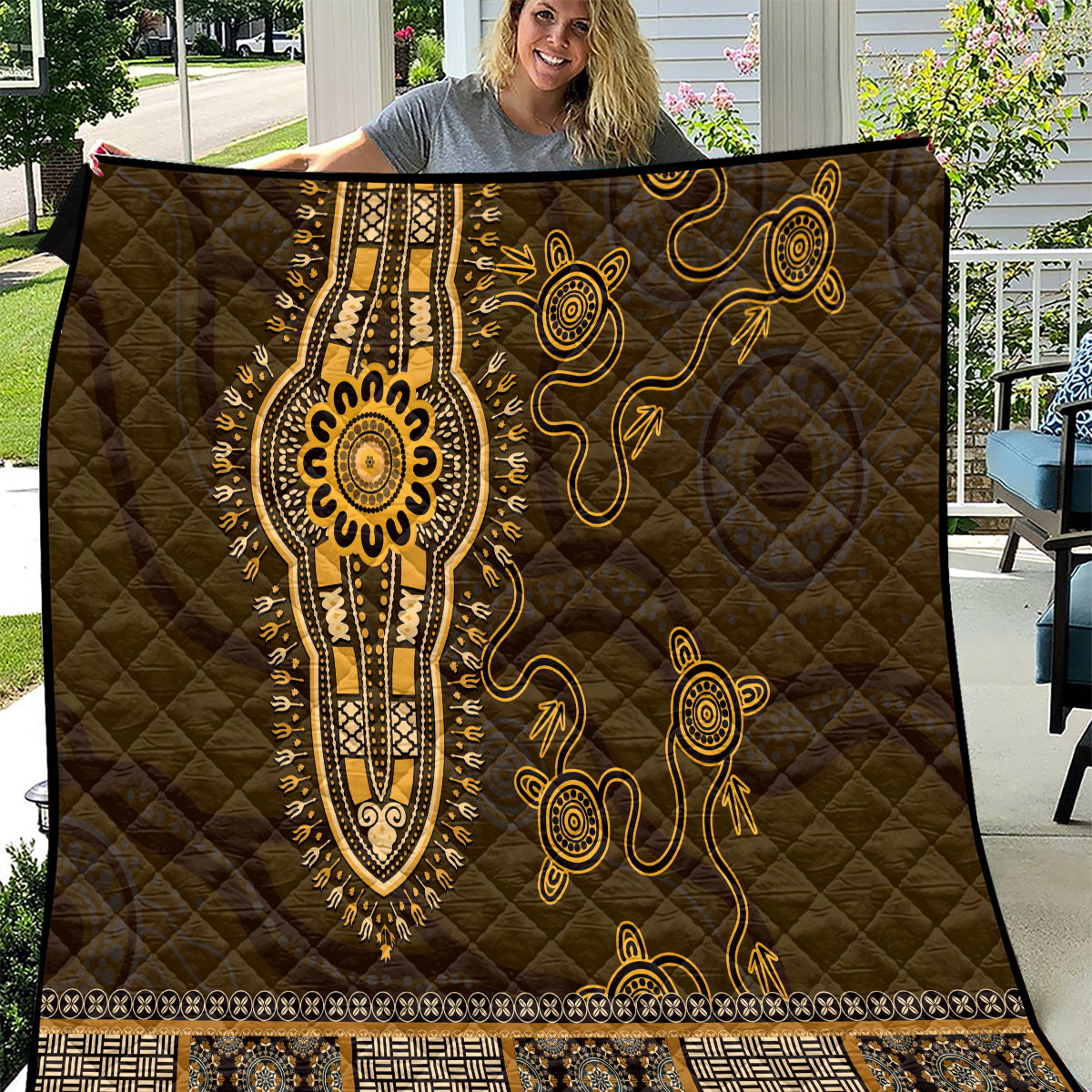Gold African Dashiki With Australia Aboriginal Art Quilt