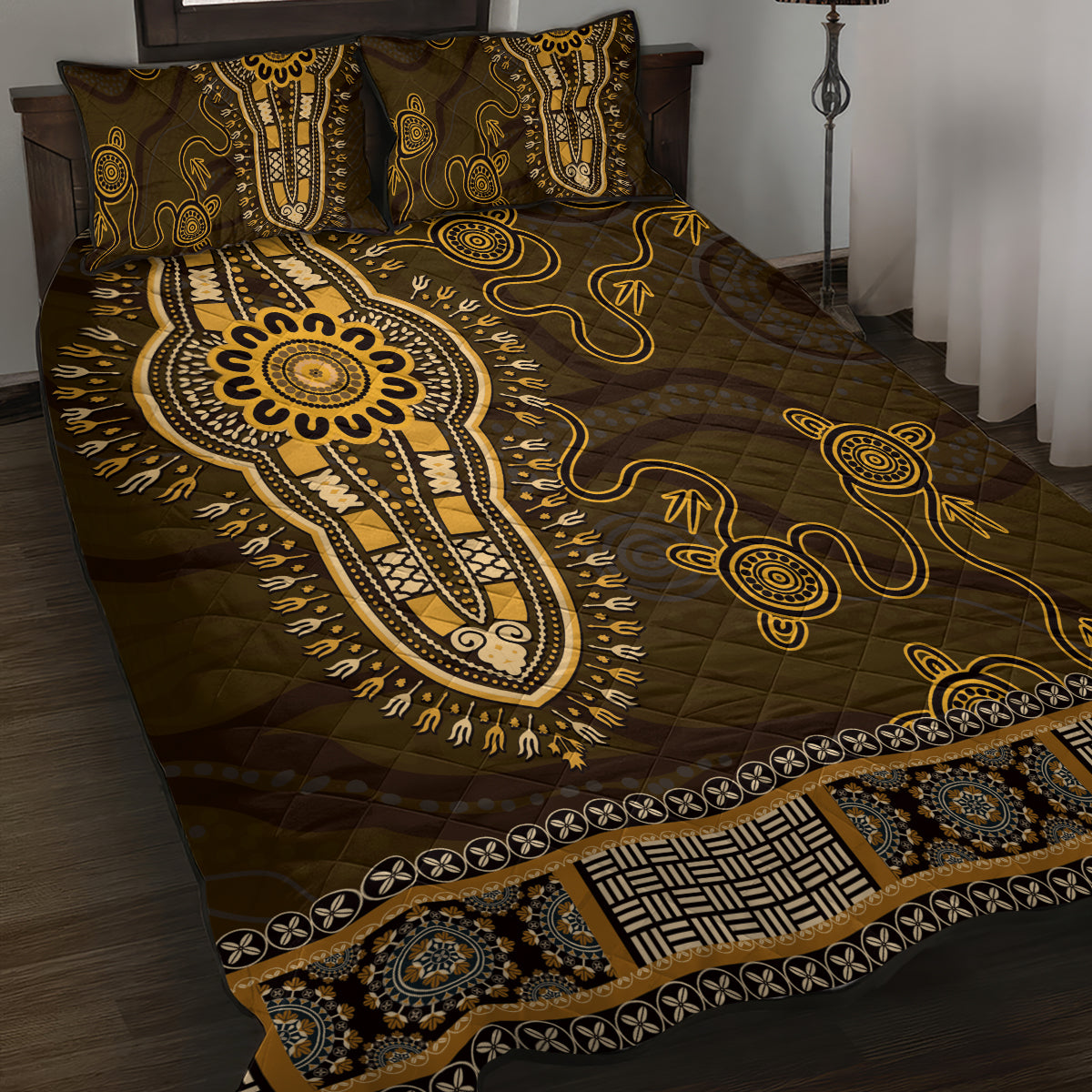 Gold African Dashiki With Australia Aboriginal Art Quilt Bed Set