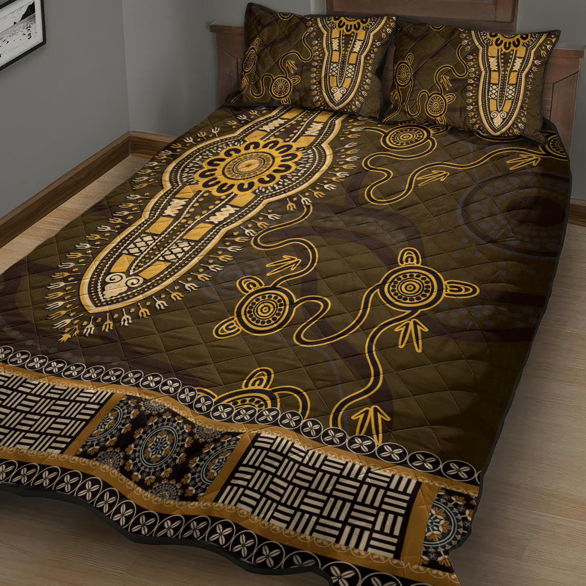 Gold African Dashiki With Australia Aboriginal Art Quilt Bed Set