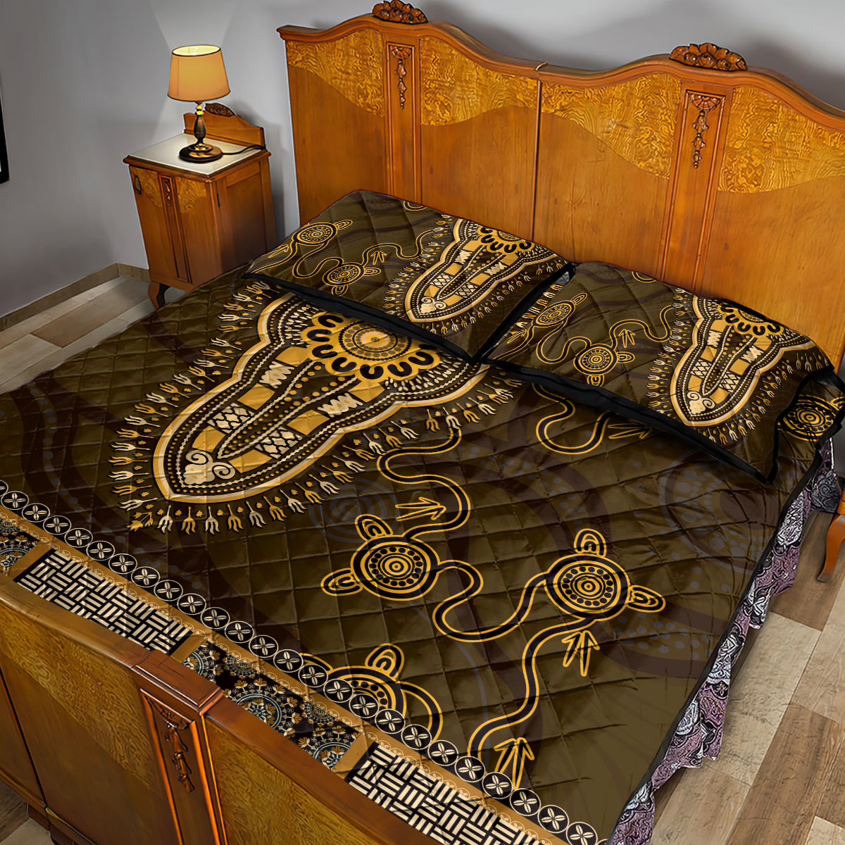 Gold African Dashiki With Australia Aboriginal Art Quilt Bed Set
