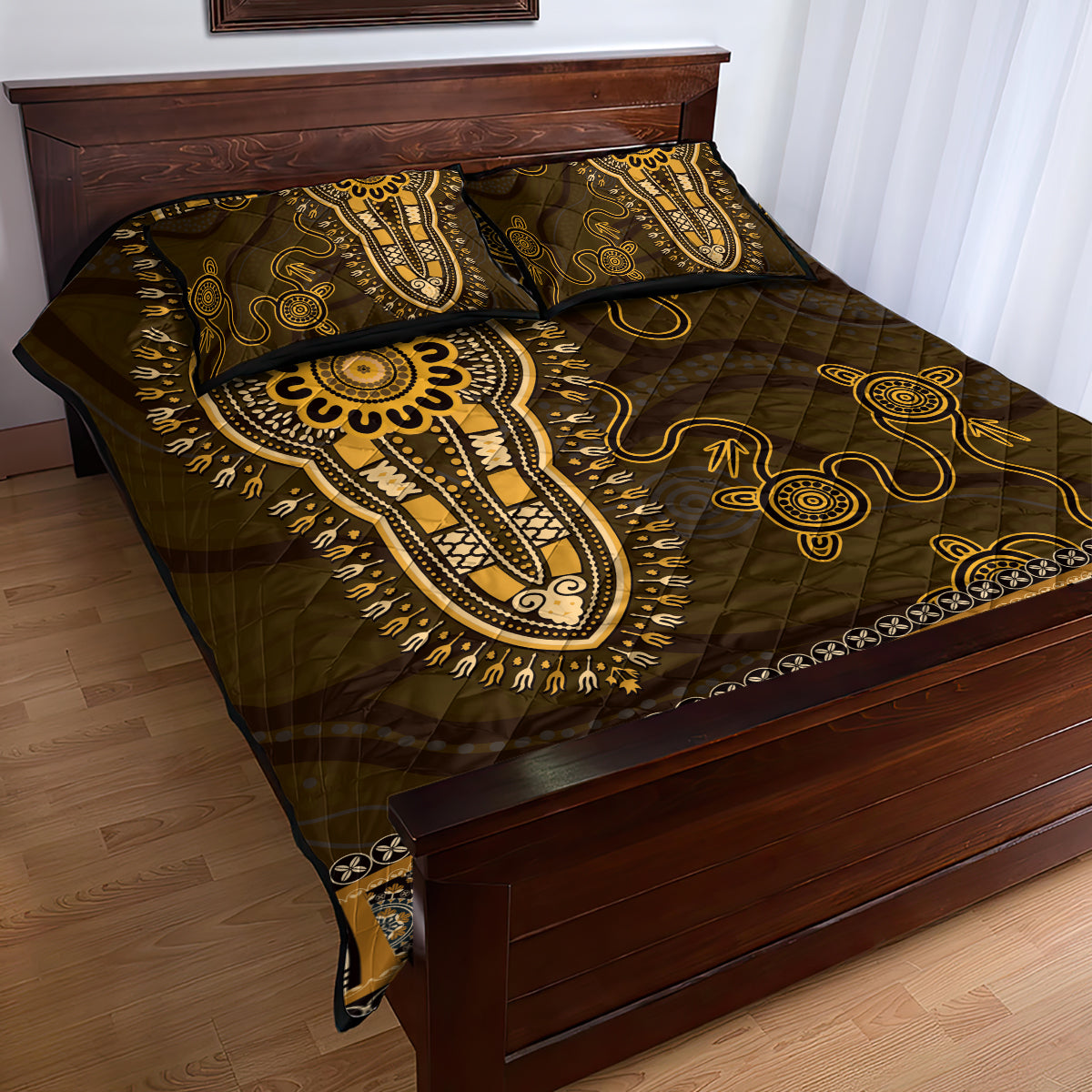 Gold African Dashiki With Australia Aboriginal Art Quilt Bed Set