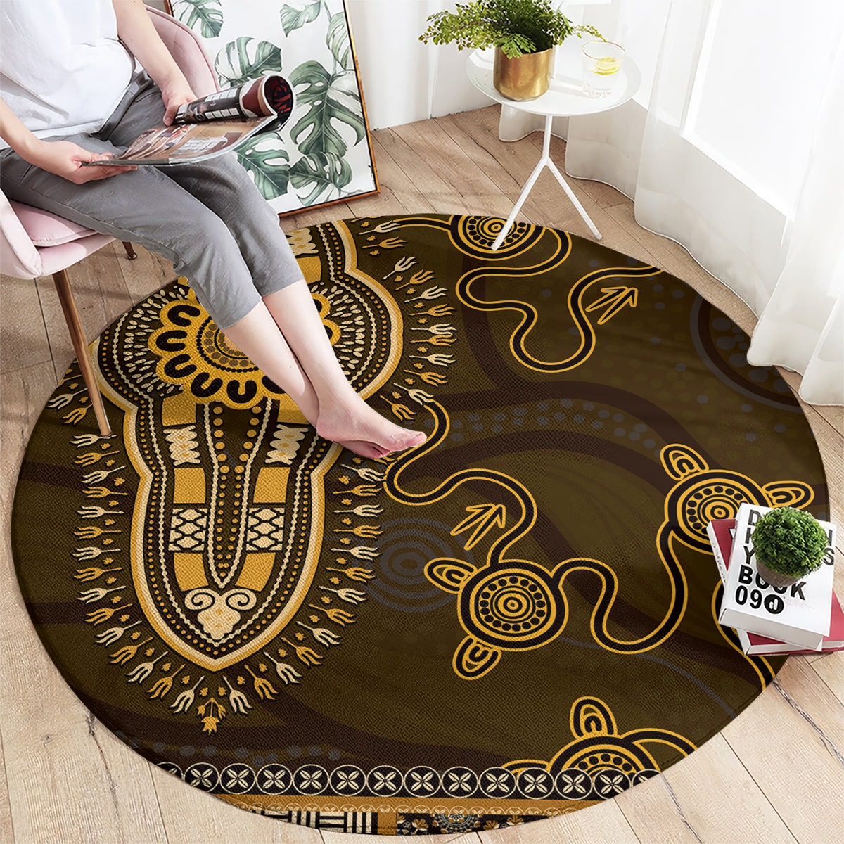 Gold African Dashiki With Australia Aboriginal Art Round Carpet