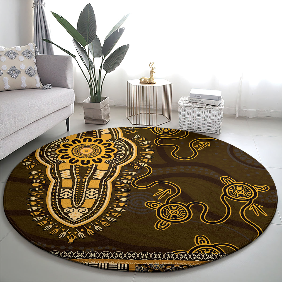 Gold African Dashiki With Australia Aboriginal Art Round Carpet