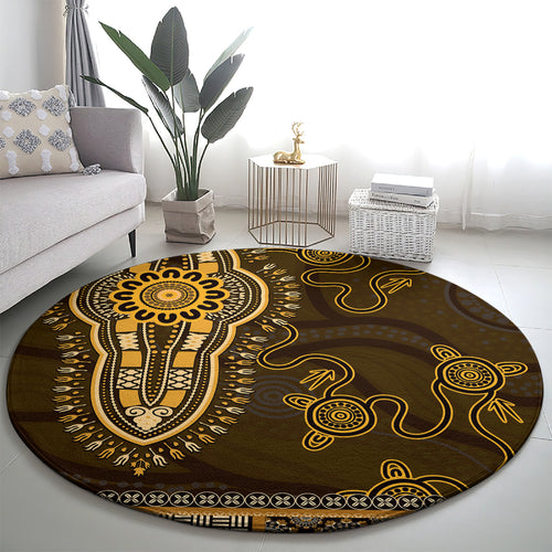 Gold African Dashiki With Australia Aboriginal Art Round Carpet